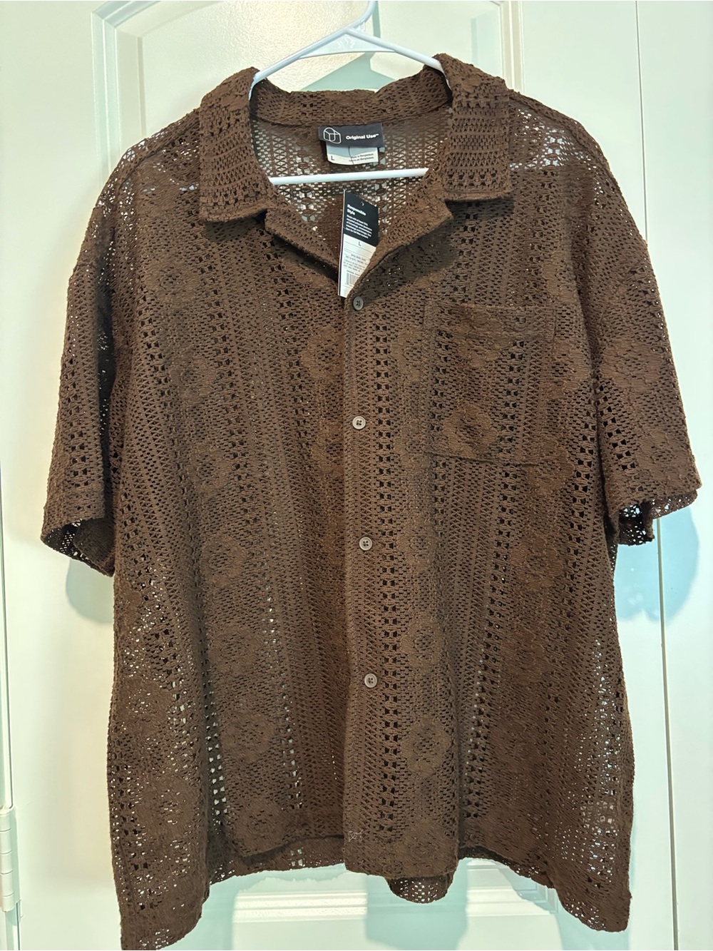 Original Use Brown Crochet Short Sleeve Button-Up Shirt